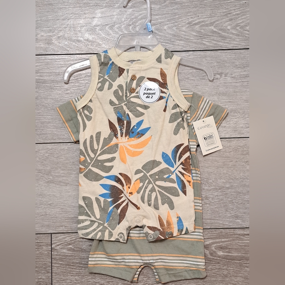 George 100% Cotton 2 Pack Tropical Leaf And Stripes Baby Romper Set
